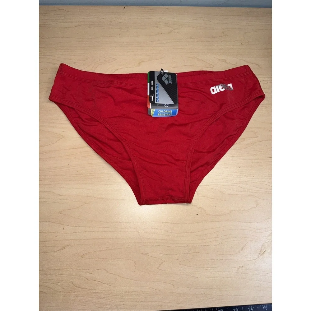 ARENA Men's BRIEF SWIMSUIT Sz 40 Red METALLIC SILVER Letters space F